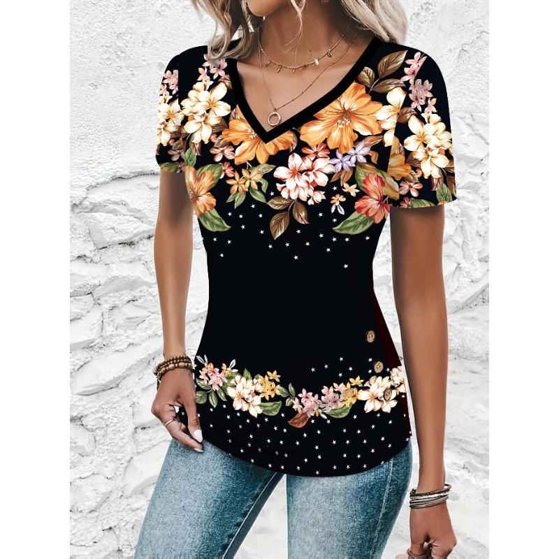 Elegant and directional women s V-neck short sleeved printed top with fashionable and trendy fake buttons S