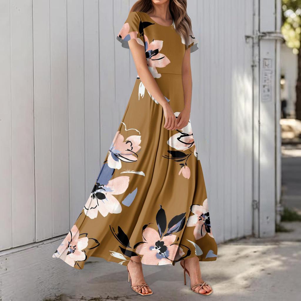 Dámské ležérní šaty s havajským potiskem, kulatým výstřihem a krátkým rukávem, s vysokým pasem