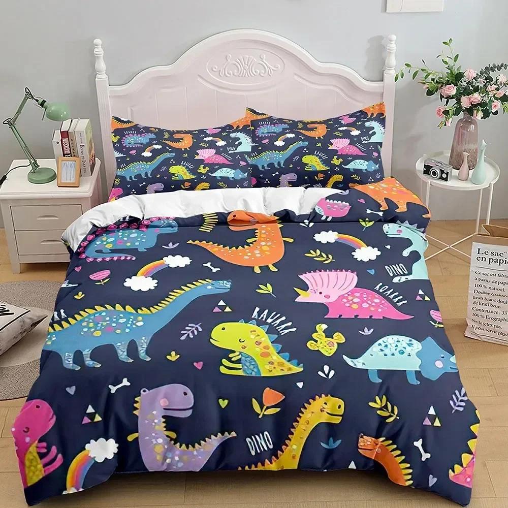 Cartoon Dinosaur Bedding Set Full King Queen Size,Cute Animal World Duvet Cover Orange Yellow Polyester Comforter Quilt Cover