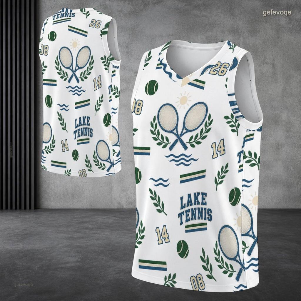 Men Plus Size V Neck Sleeveless Basketball Printed White Tank Top