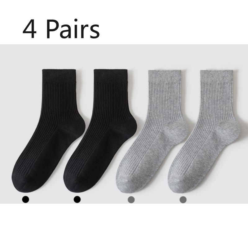 4 Pairs of Men's Spring and Summer Mid-calf Socks, Vertical Anti-pilling Breathable Cotton Socks, Deodorizing and Sweat-absorbing Long Calf Socks