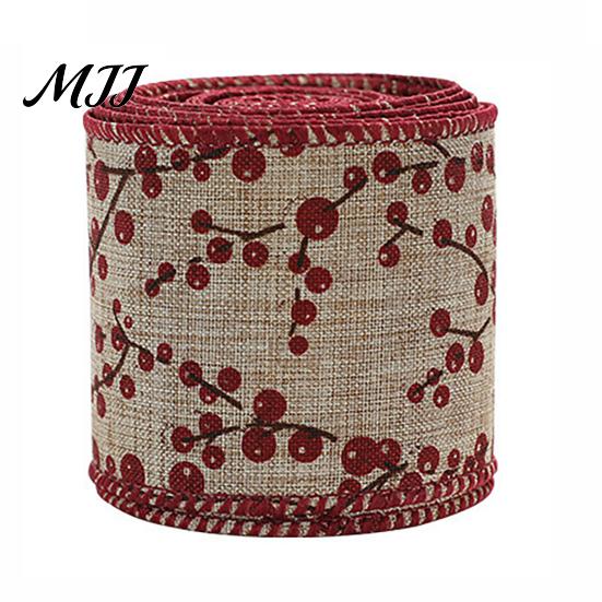 Holiday Theme Fabric Ribbon Christmas Red Berry Ribbon, 2.2 Yards Imitation Linen 2.5 Inch Wide Wired Edge for Bows Gift Box Packaging DIY Wreath Tree