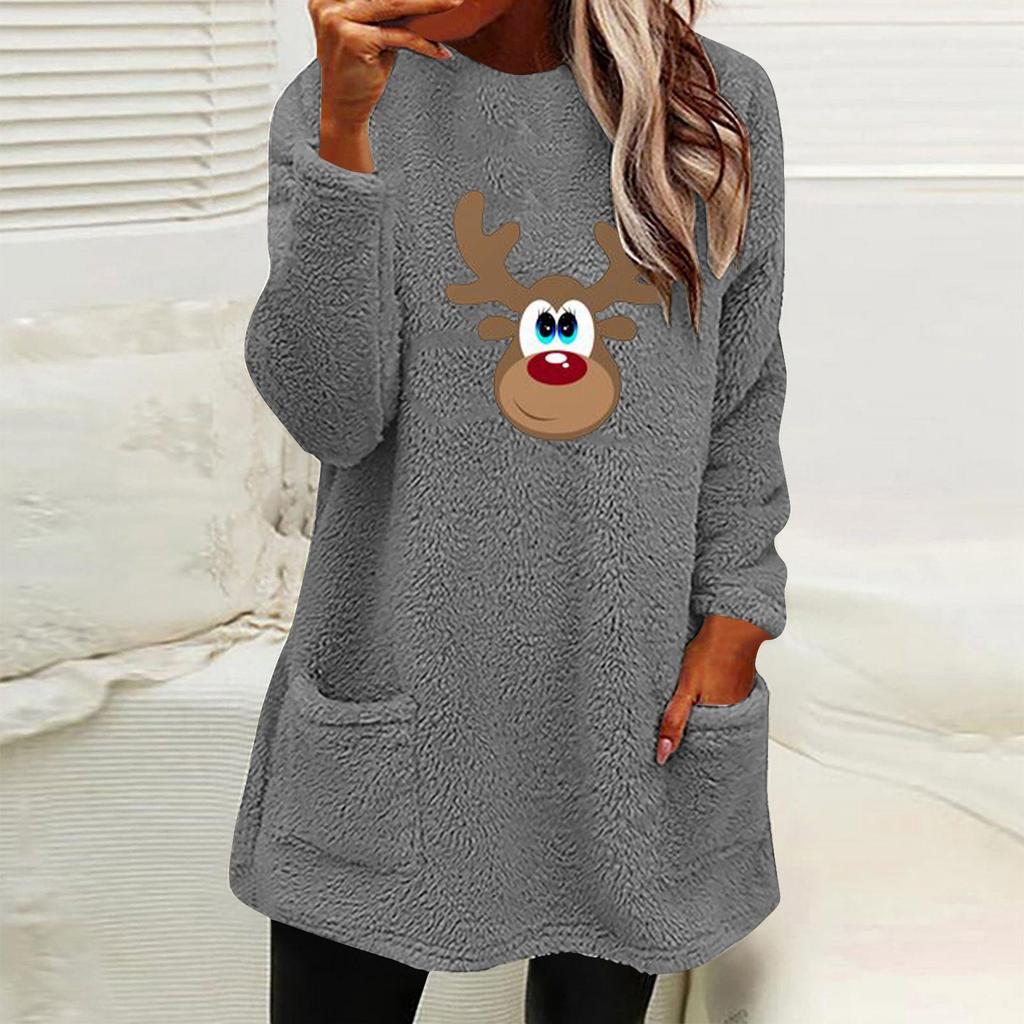 Women's Christmas Deer Print Fleece Sweatshirt with Pockets and Long Sleeves