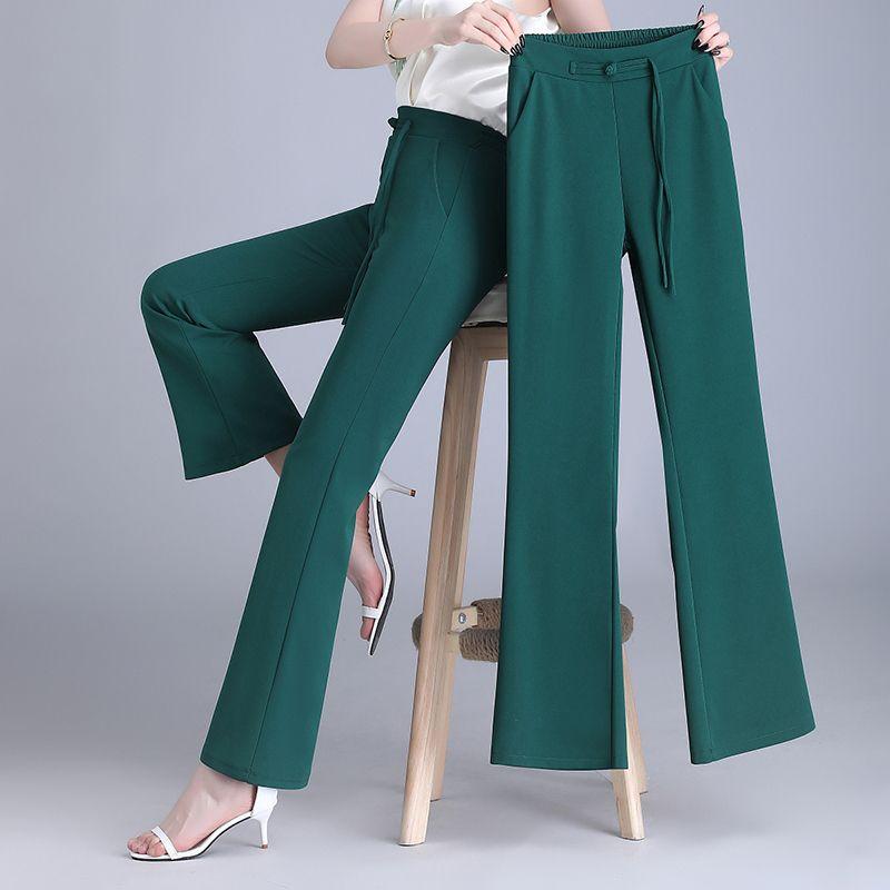 Chinese Style Autumn Flare Pants Women Solid Frog Pockets Elastic High Waist Casual Versatile Slim Wide Leg Ankle Length Trouser