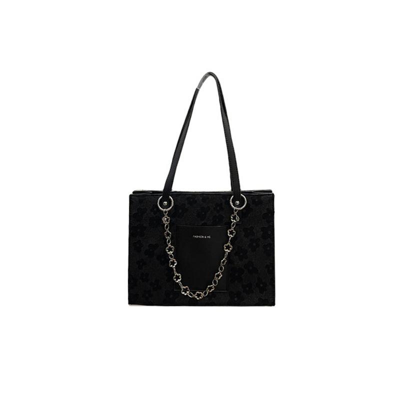 Korean Version of Black Printed Bag Women's Fashionable Commuting Retro Handbag Early Spring Casual Chain Tote Bag