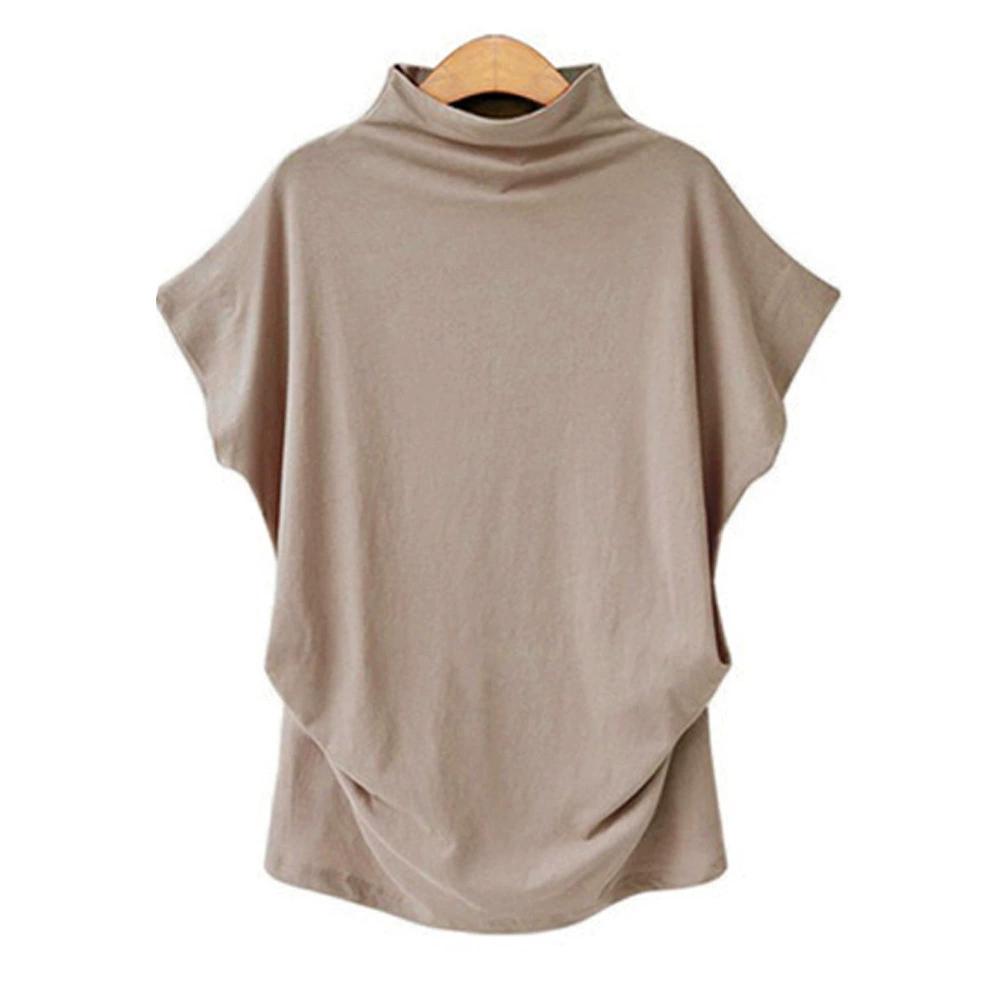 Women Turtleneck Cotton Tee Shirt Summer Short Sleeve Solid Casual Tops