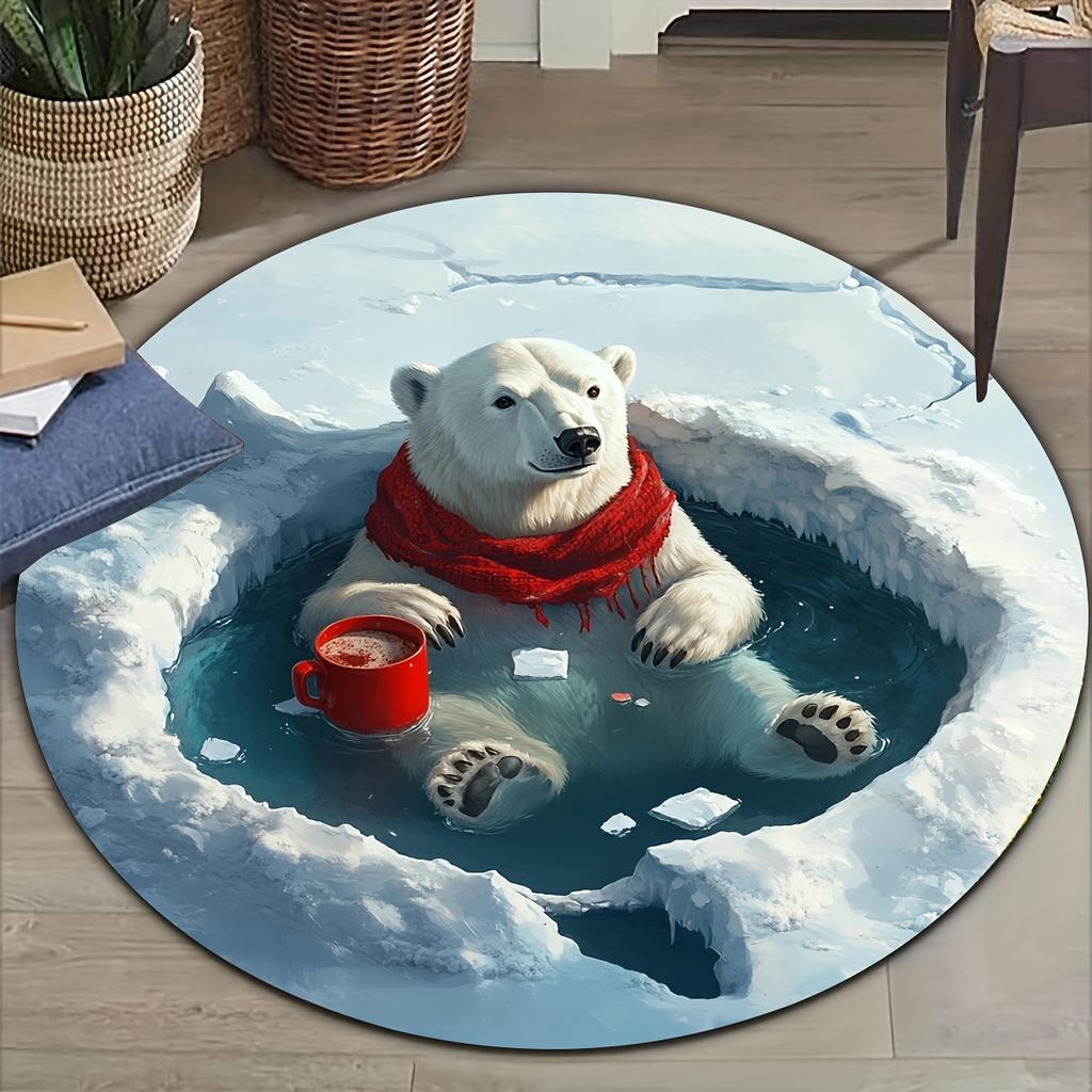 Polar Bear Ice Round Rug Flannel Printed Carpet Winter Theme Home Decor Cozy Soft Floor Mat Living Room Indoor Use