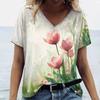 3D Tulip Floral Print T-shirt for Women, V-neck Short Sleeve, Summer Casual Top