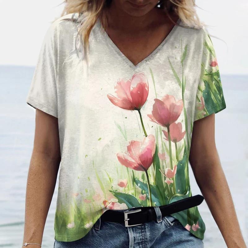 3D Tulip Floral Print T-shirt for Women, V-neck Short Sleeve, Summer Casual Top