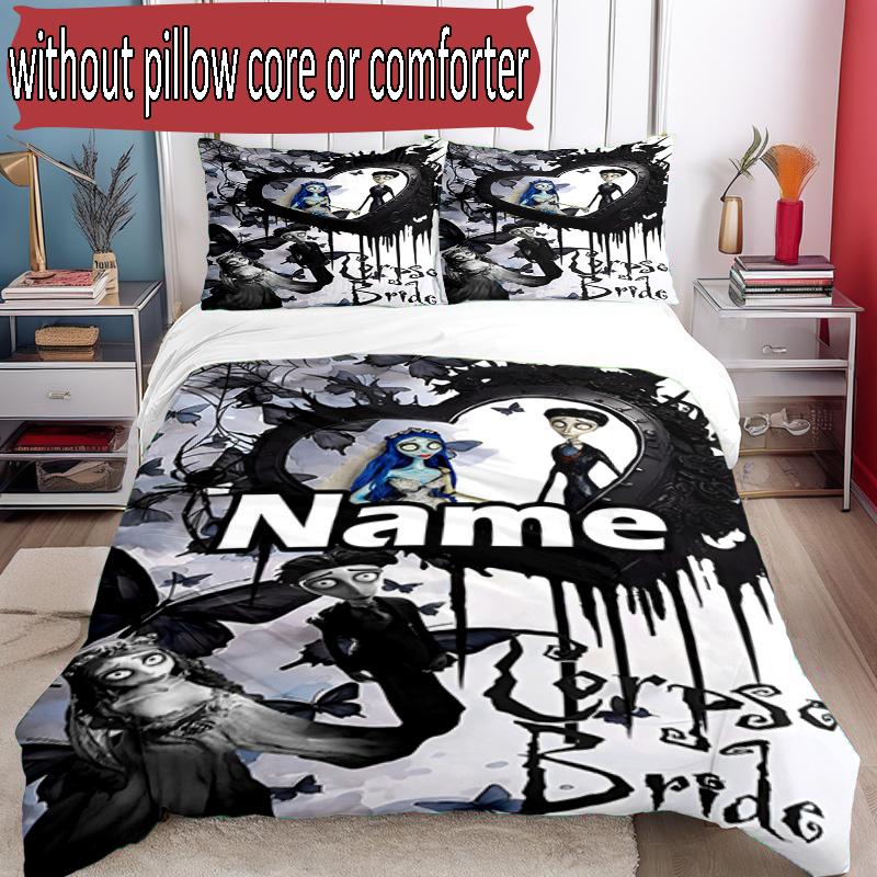 3pcs Duvet Cover Set (1*Duvet Cover + 2*Pillowcase, Without Core), Custom Name Corpse Bride Pattern Bedding Set, Home Bedroom Decor Gift