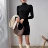 Autumn Winter Women Korean Fashion Simple Ribbed Knitted Dresses Elegant Half High Collar Long Sleeve Slim Basic Sweater Dress