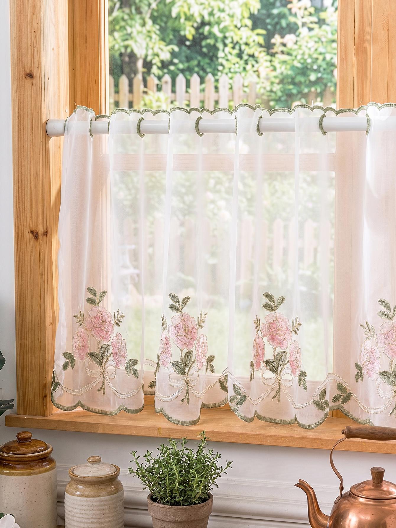 Vintage Roze Roos & Strik Geborduurde Doorzichtige Gordijn, Ringgordijn Kort Gordijn voor Cottage Keukenraam Decoratie 100x50cm roze