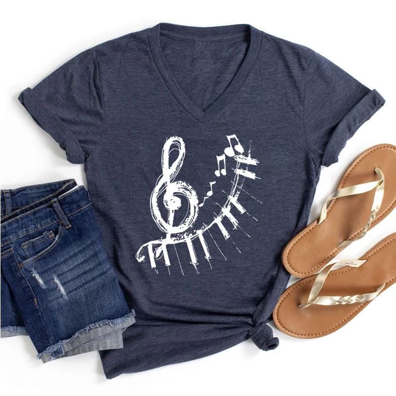 Piano Keys Graphic T Shirts Musical Note Print Tees Music Lovers T Shirt Vneck Women Clothing Harajuku Tee Shirt Y2k Top FeUnisex