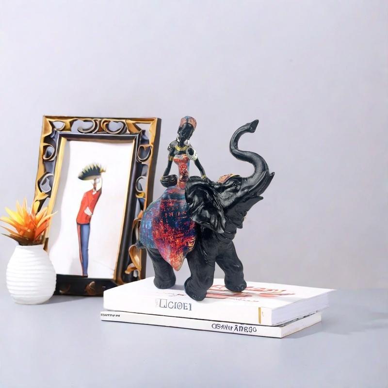 African Design Colorful African Elephant and Tribal Lady Figurines with African Tribal Totem, African Animal and Women Decor Art
