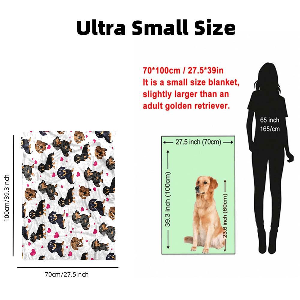 Dachshund & Pink Heart Printed Blanket - Whimsical Cartoon - Style Throw with Black/Tan, All - Black, and Brown/Tan Doxies, P