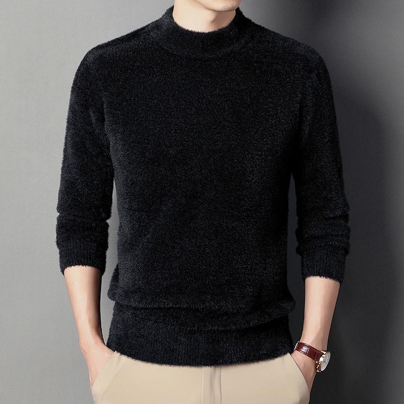 Imitation Mink Fleece Men Sweater Pullovers Thickened Half High Neck Solid Male Clothes Business Casual Autumn Winter Sweaters