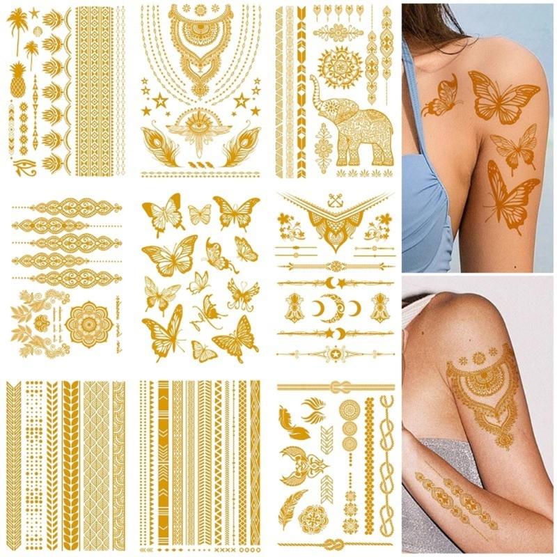 9 Blatt Premium Goldfolie Temporäre Tattoos für Partys und Events mit metallischen Designs und einfacher Anwendung