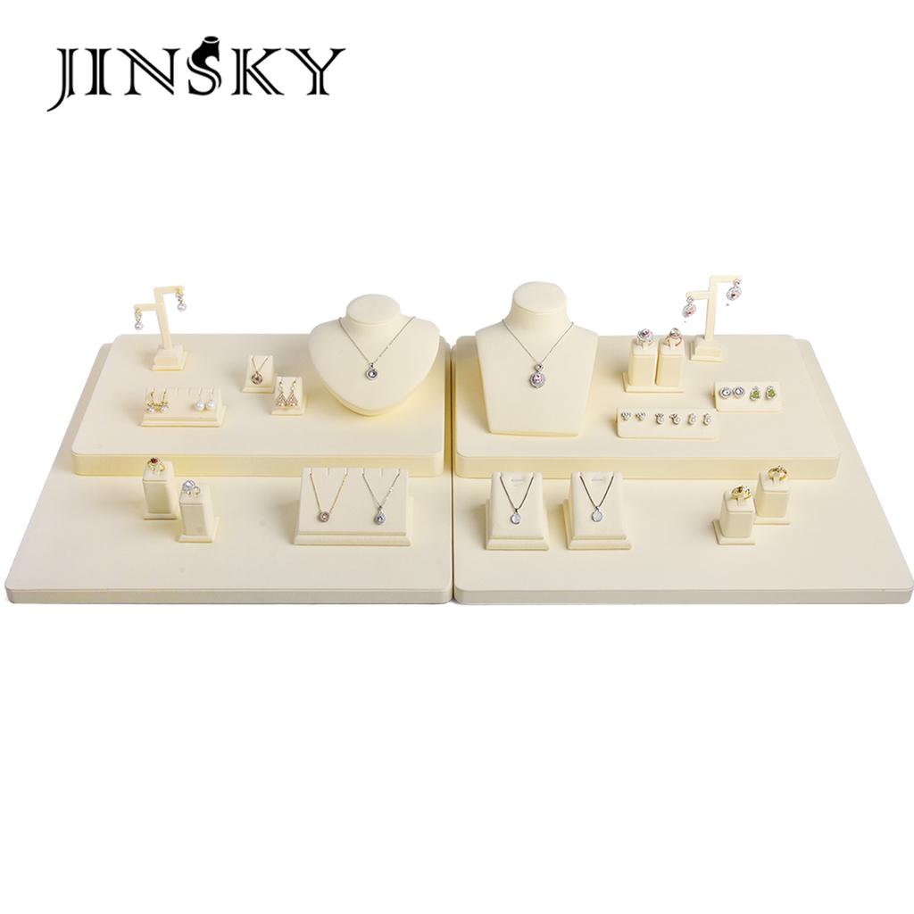 Jinsky Beige Custom Modern Adjustable Recyclable Jewelry Display Set Microfiber Bust Stand Necklace Earring Ring Holder Counter