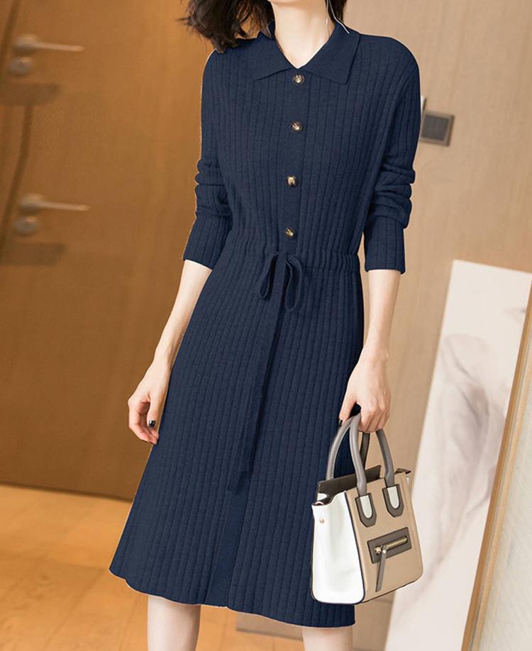Casual Blue Knitted Dress Women High Waist Long Sleeve Dress Female Autumn Turn-down Collar Button Ladies Dresses