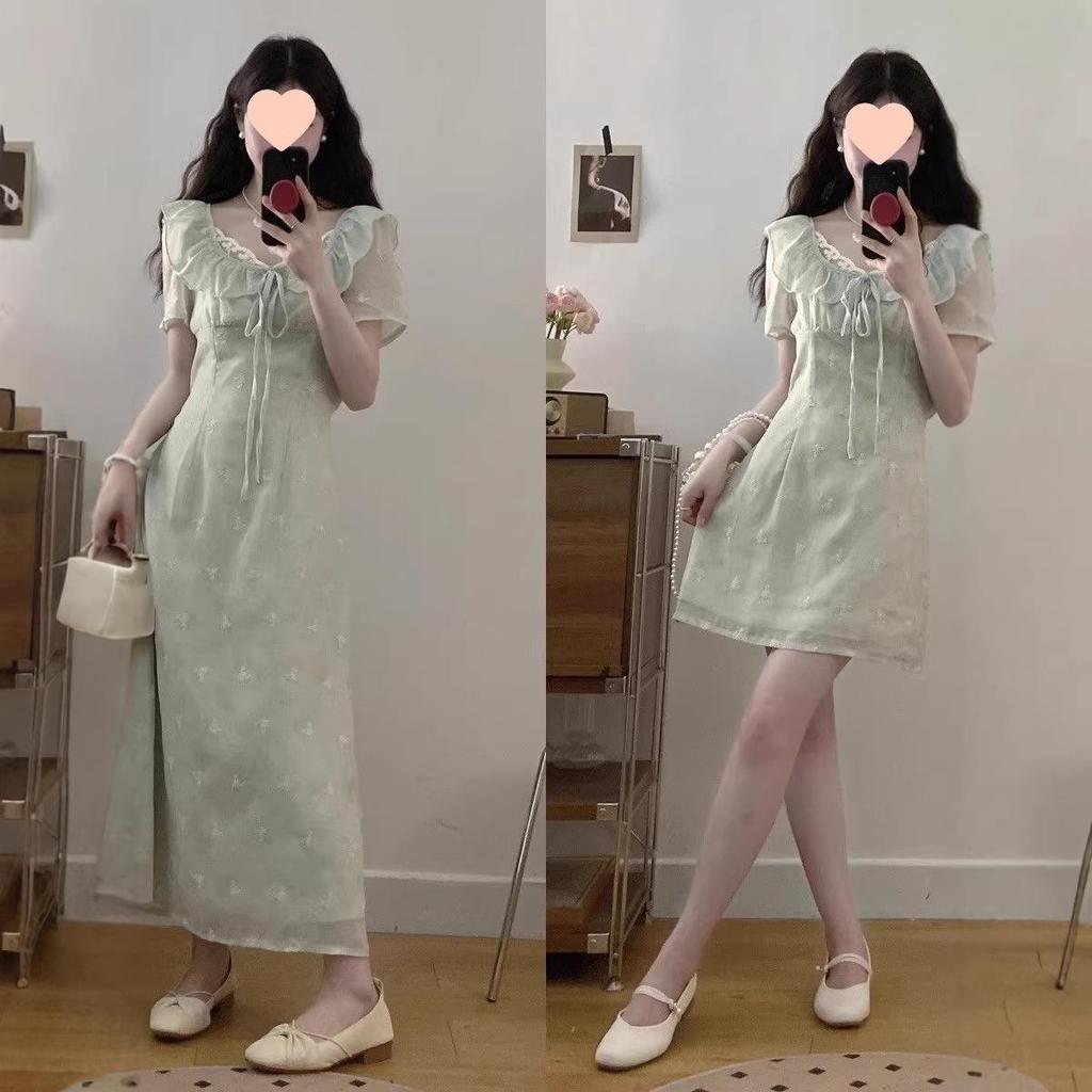 26mm French Lace Embroidered Slim Waist Summer Dress