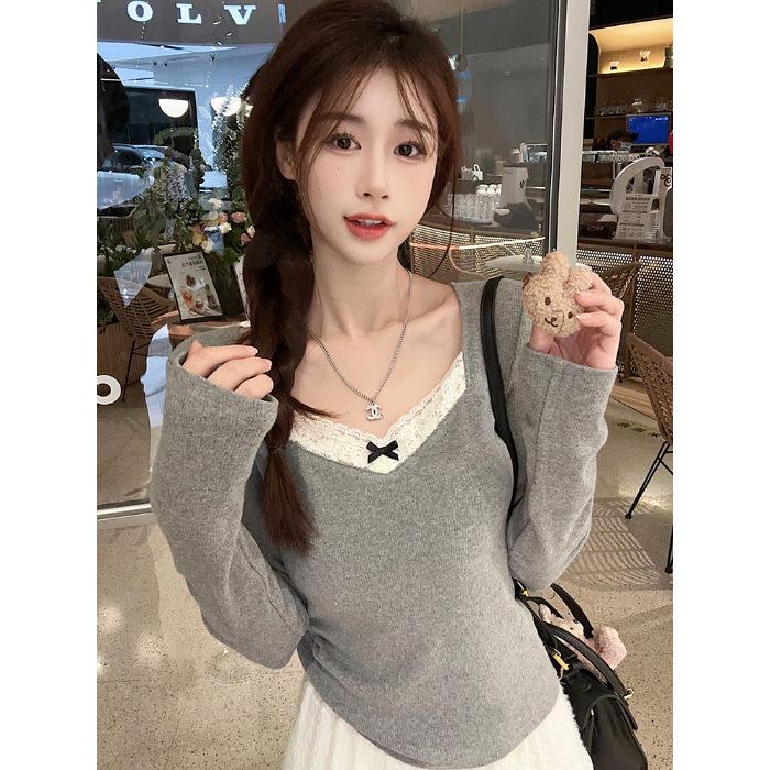 

Women s Slim-Fit Lace Splice Long-Sleeve Fleece-Lined Top for Autumn/Winter Extra Large сірий колір