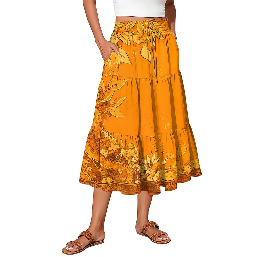 Dam Maxikjol Dragsko Hög Midja Sommar Långa Kjolar Lätta Flerskiktade Böljande Blommiga Plisserade Kjolar