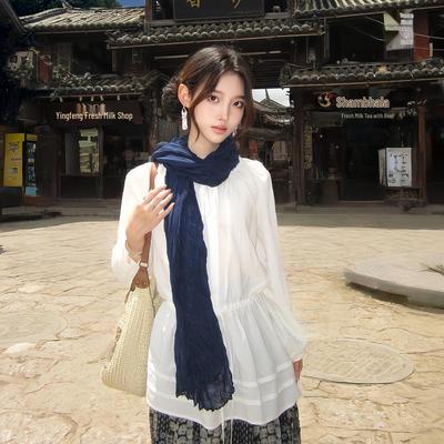 Dunkelblauer Vintage Baumwoll-Leinen-Schal für Damen: Dünn, Gefaltet, Künstlerisch, Perfekt für Yunnan Reisen, Langer Nackenwärmer.