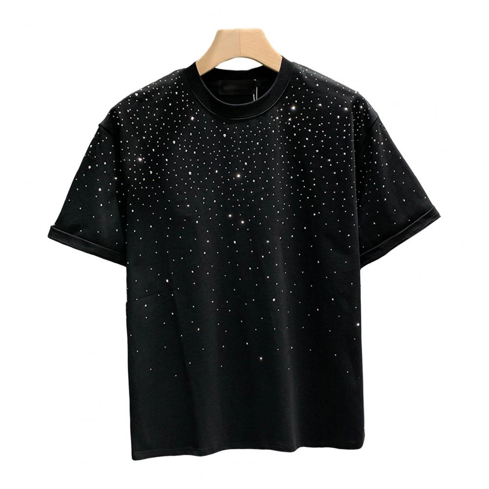 

Літня чоловіча футболка зі стразами, круглим вирізом, вільний однотонний пуловер із короткими рукавами, повсякденний одяг середньої довжини, спортивний топ M чорний