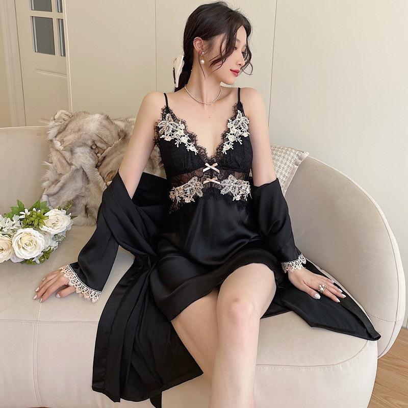 Sexy Pyjama Damen Eis Seide dünner Stil mit Brustpolster Spitze schöner Rücken pure Lust Träger Nachthemd zweiteilig Loungewear