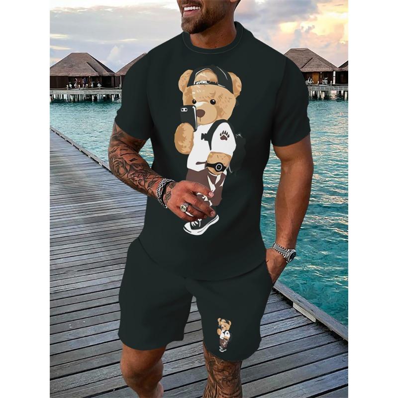 Mens Summer TwoPiece Set Animal Lion 3D Print Crew Neck Short Sleeve T-Shirt & Drawstring Shorts Outdoor