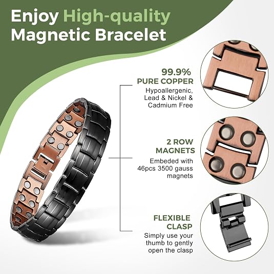 Classic Black Copper Two Tone Magnetic Therapy Bracelet for Men Chain & Link Cross Engraving Energy Magnet Jewelry Anniversary
