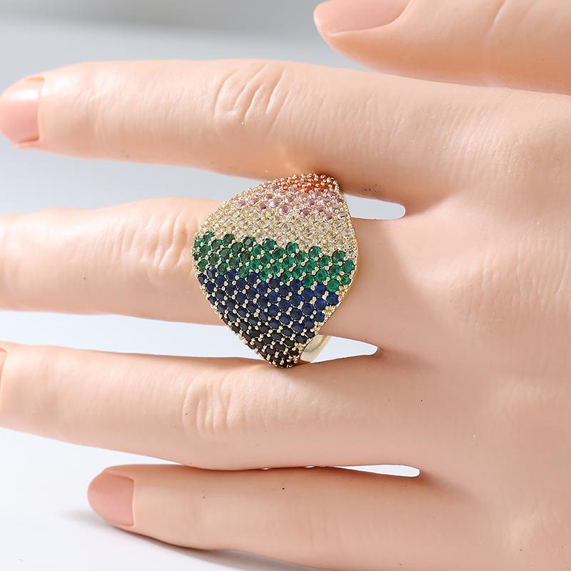Gorgeous Inlaid Multicolored CZ Women's Ring Luxury CopperColor Geometry Daily Wear Party Jewelry Anniversary Gift