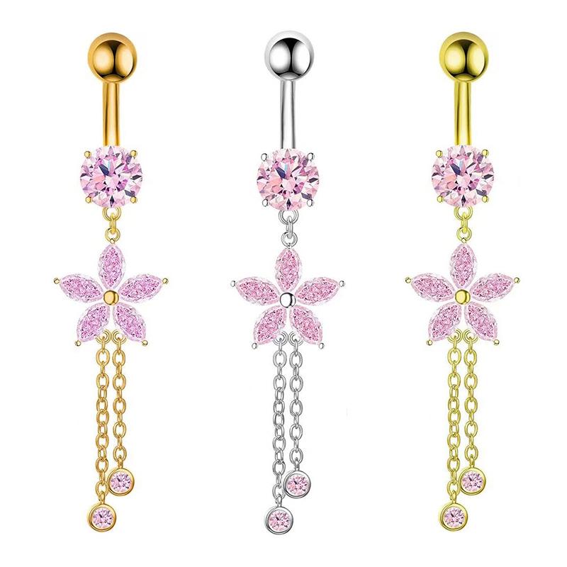 Fashion Stainless Steel Flower Zircon Tassels Belly Button Rings For Women Simple Navel Ring Sexy Body Piercing Jewelry Gifts