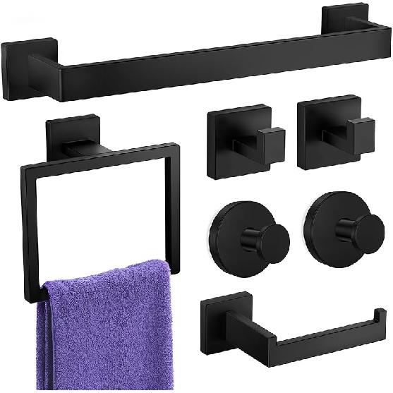 Bathroom Hardware Accessories Set: 7-Pieces Bath Towel Bar Set, Towel Racks for Bathroom Wall Mounted, SUS304 Stainless Steel, Matte Black 7-Pieces