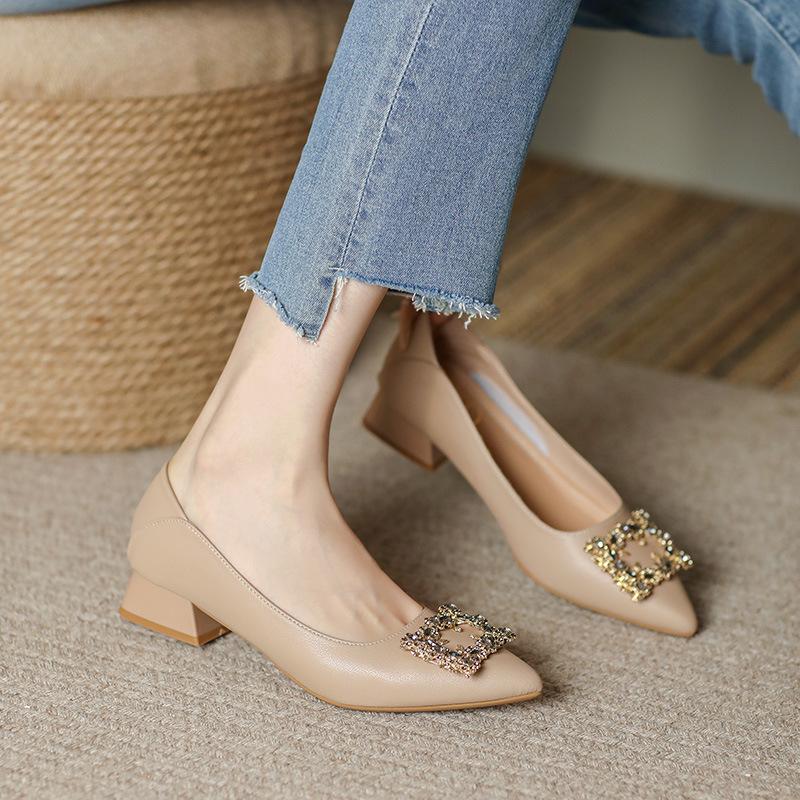 Fashion rhinestone buckle pumps single leather shoes for woman pointed toe low heel loafers work shoes woman crystal tacones de mujer