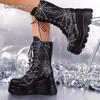 Gothic Plateausandaletten Stiefel Damen Herbst Winter Spinnennetz Design Größe 35-43 Klobiger Absatz Stiefeletten für Damen Leder Schwarz