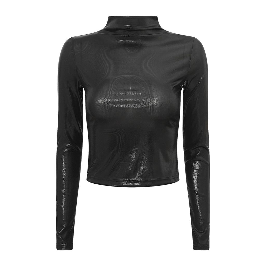 Womens Metallic Long Sleeve T-Shirt Fashion Shiny Top Slim Fit Mock Neck Tops Cocktail Dancing Party Club Music Festival Costume