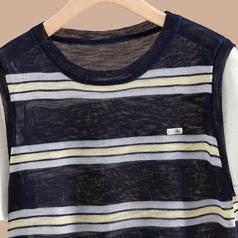 Women's Contrast Stripe Fake Two-Piece Knit Short Sleeve T-Shirt
