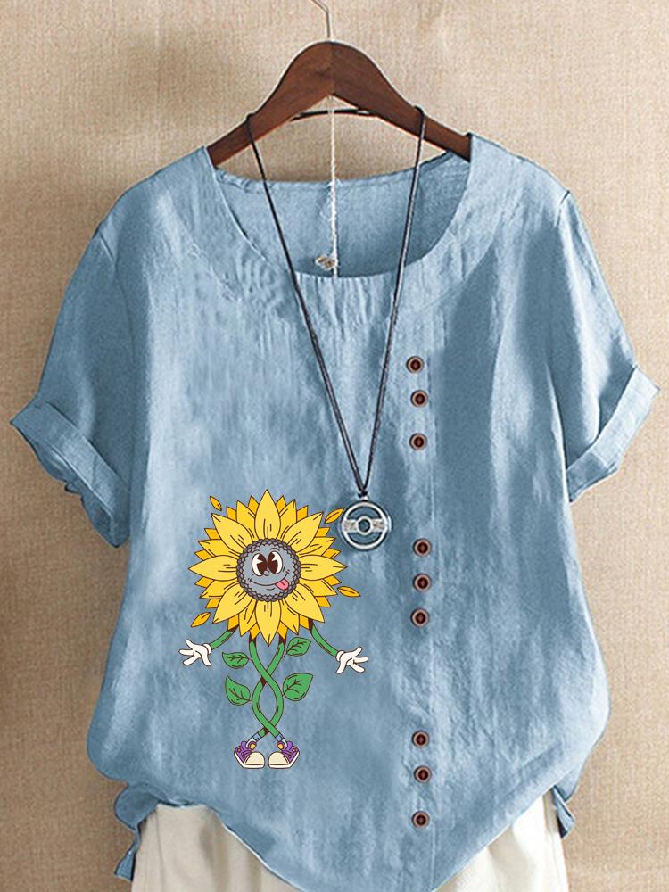 Women's Fashion Abstract Sunflower Print Casual Cotton Linen Short Sleeve Round Neck T-shirt Shirt Leisure Loose Summer Blouse Tops