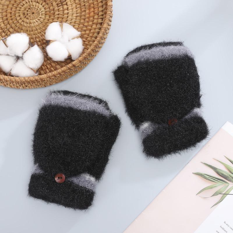 New Flip Gloves, Autumn and Winter Color Matching Mink Velvet Thickened Half-finger Thermal Gloves