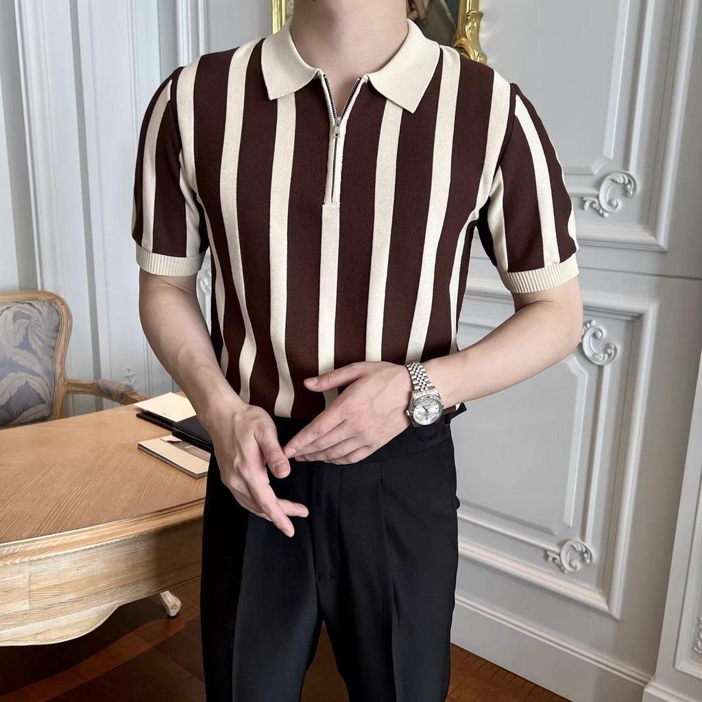 Men's Summer Striped Slim Fit Ice Silk Polo Shirt