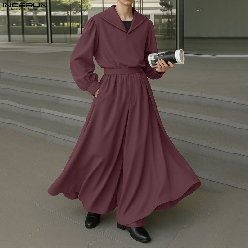 INCERUN Two Pieces Men Sailor Collar Long Sleeve Shirts Long Wide Legs Pants Sets Outfits