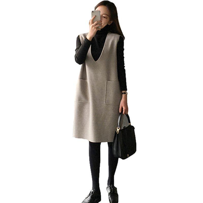 Korean Style Mid-Length V-Neck Vest Dress Set for Autumn/Winter - Two-Piece Casual Fashion