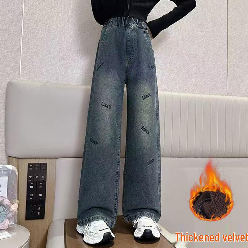 

Детские джинсы широкие от бедра на флисовой подкладке для девочек, зима 2025 160 cm