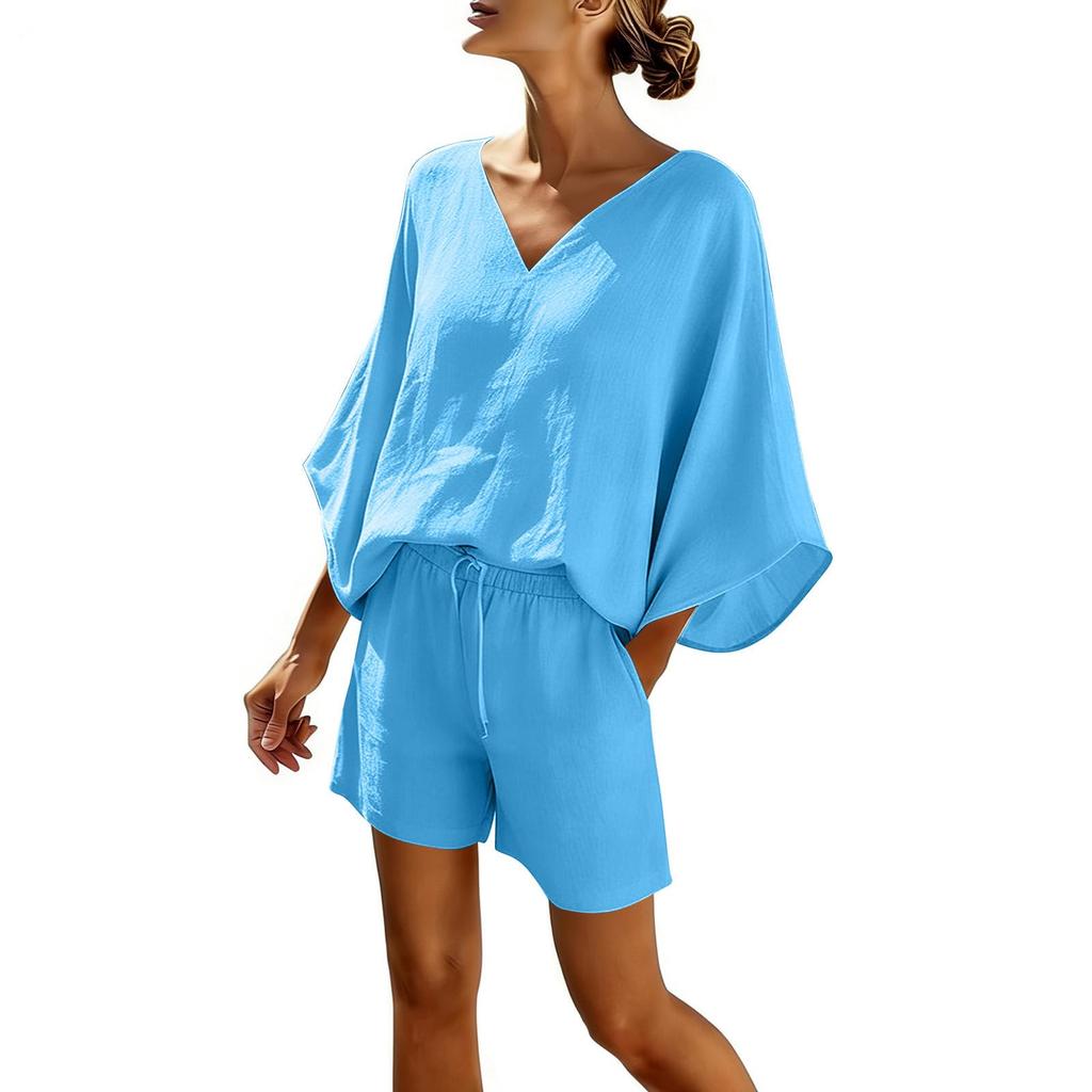 Conjunto casual de dos piezas para mujer, corte holgado, top con cuello en V y mangas murciélago con cintura elástica, pantalones cortos, atuendo ligero de verano