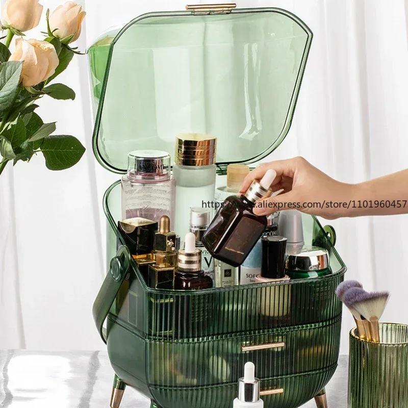 Stolní organizéry na make-up s víkem Velkokapacitní kosmetický úložný box Zásuvka pro péči o pleť Odolný proti prachu Držák štětců na make-up