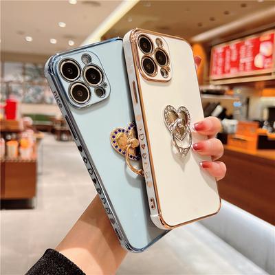 For iPhone 15 16 Pro Max Luxury Plating Love Heart Pattern Diamond Ring Holder Stand Phone Case On 11 12 13 14 XR XS Max 7 Plus
