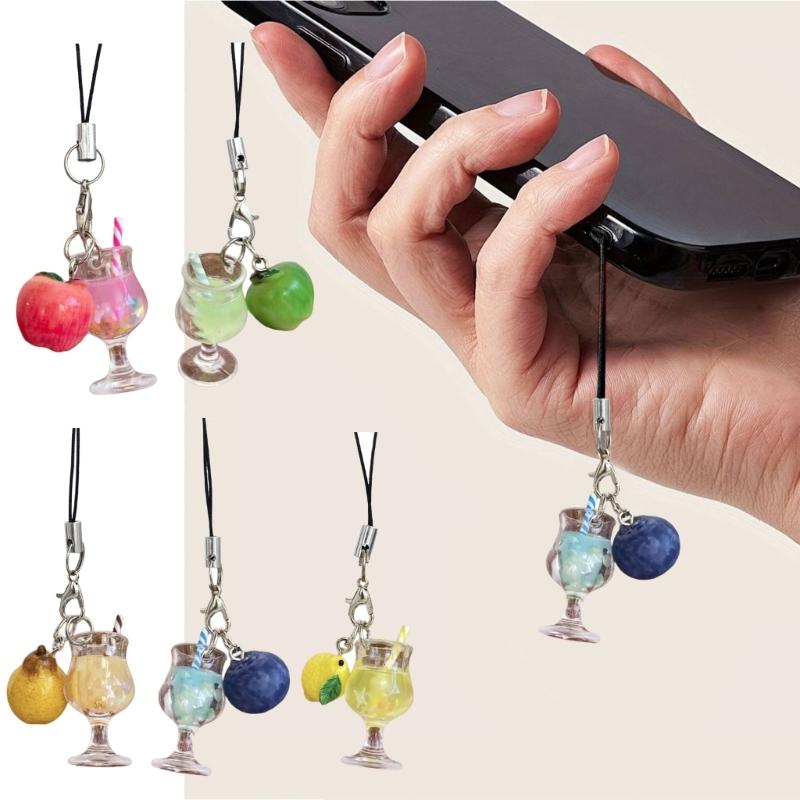 Miniature Drink Cup Keychain with Fruit Pendant Beaded Keyring Bag Accessories Gift for Women and Girls