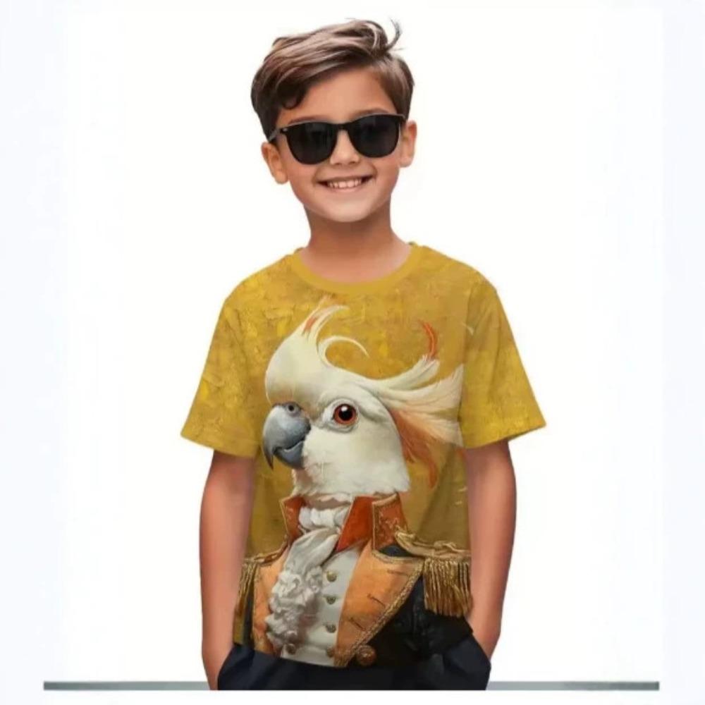Fashionable Summer Children's T-shirt Parrot Beach Printing Soft Comfortable Breathable Round Neck Short Sleeved T-shirt