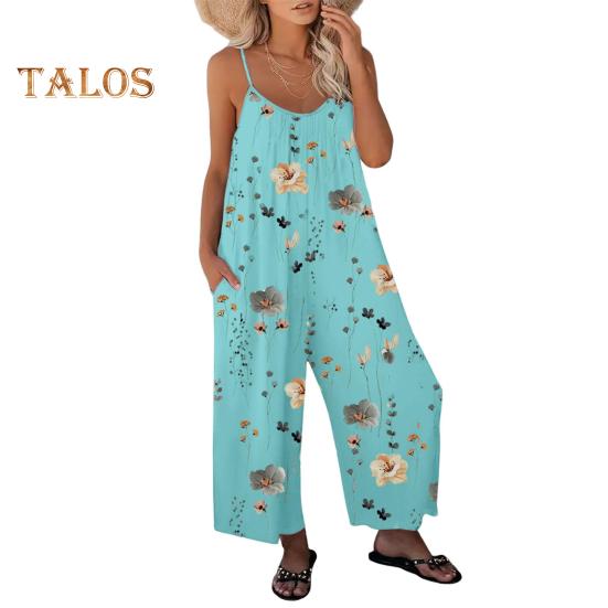 Sommer-Jumpsuit für Damen, verstellbarer Spaghettiträger, rückenfrei, ärmellos, weites Bein, lockerer Blumendruck, tiefer Schritt, Seitentaschen, plissiert, Urlaub, Strand